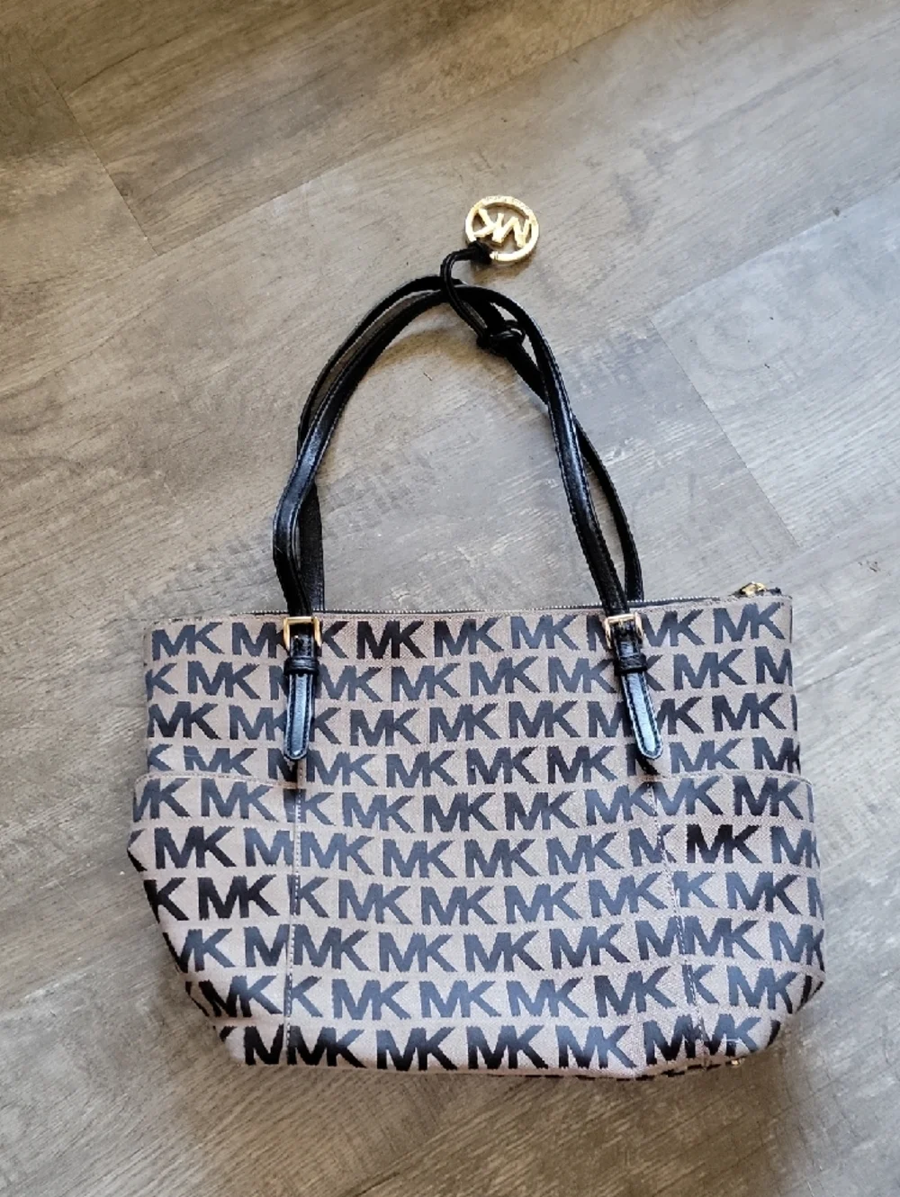 Michael Kors Beige and Black MK Logo Tote with Gold Charm